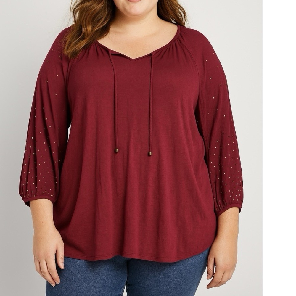 Catherines Rust Red 3/4 Sleeve Gold Metallic Pullover‎ Peasant Top Size 4X